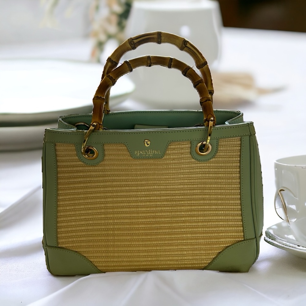 Spartina 449 Sea Salt Bamboo Handle Straw Chic Satchel Handbag Leather Trim
